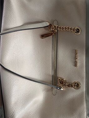 Michael Kors Pearl Cream Leather Shoulder Tote with Gold Hardware
